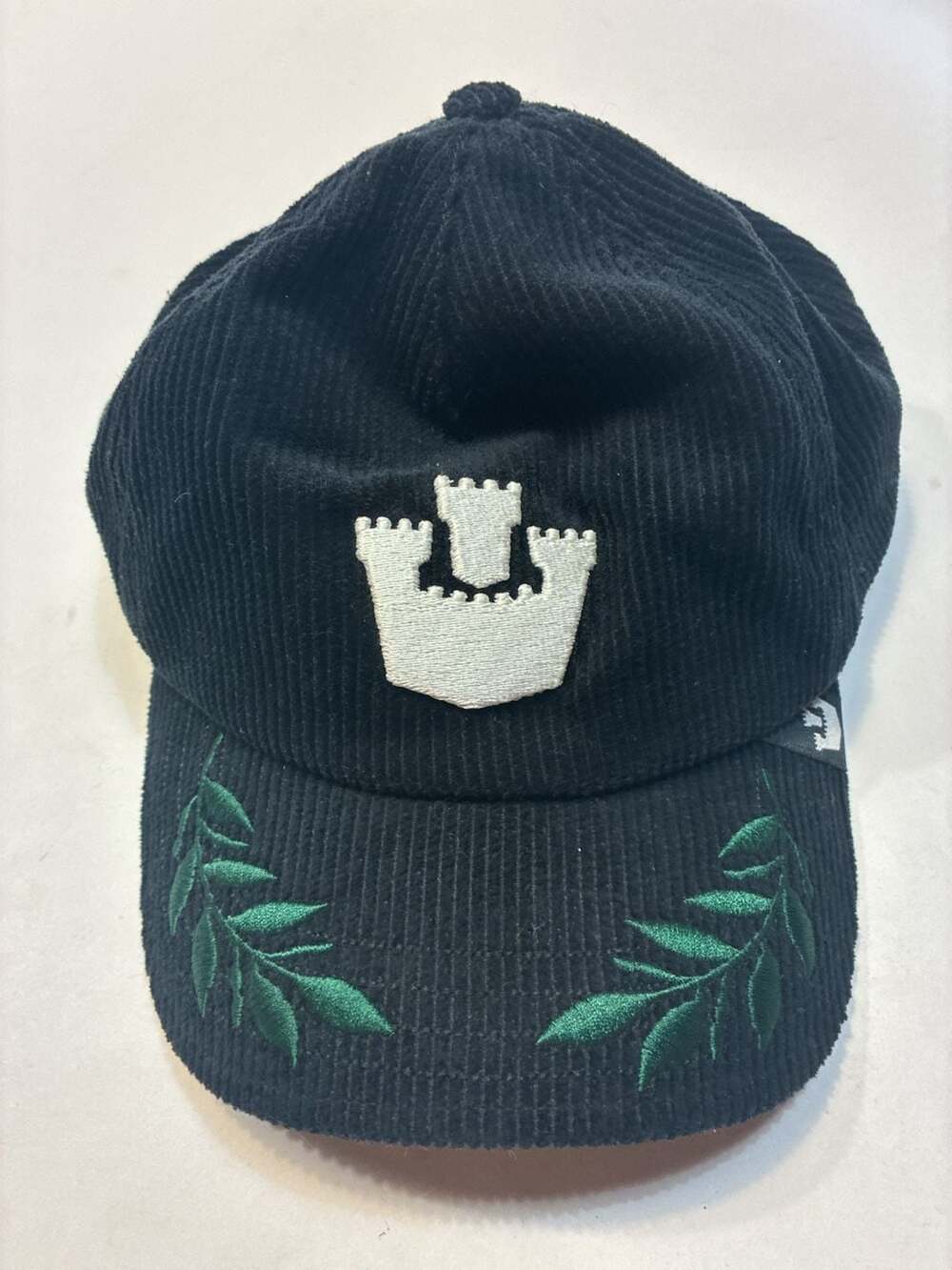 Goorin Bros. Black Corduroy Snapback Hat with Castle and Olive Branch Embroidery